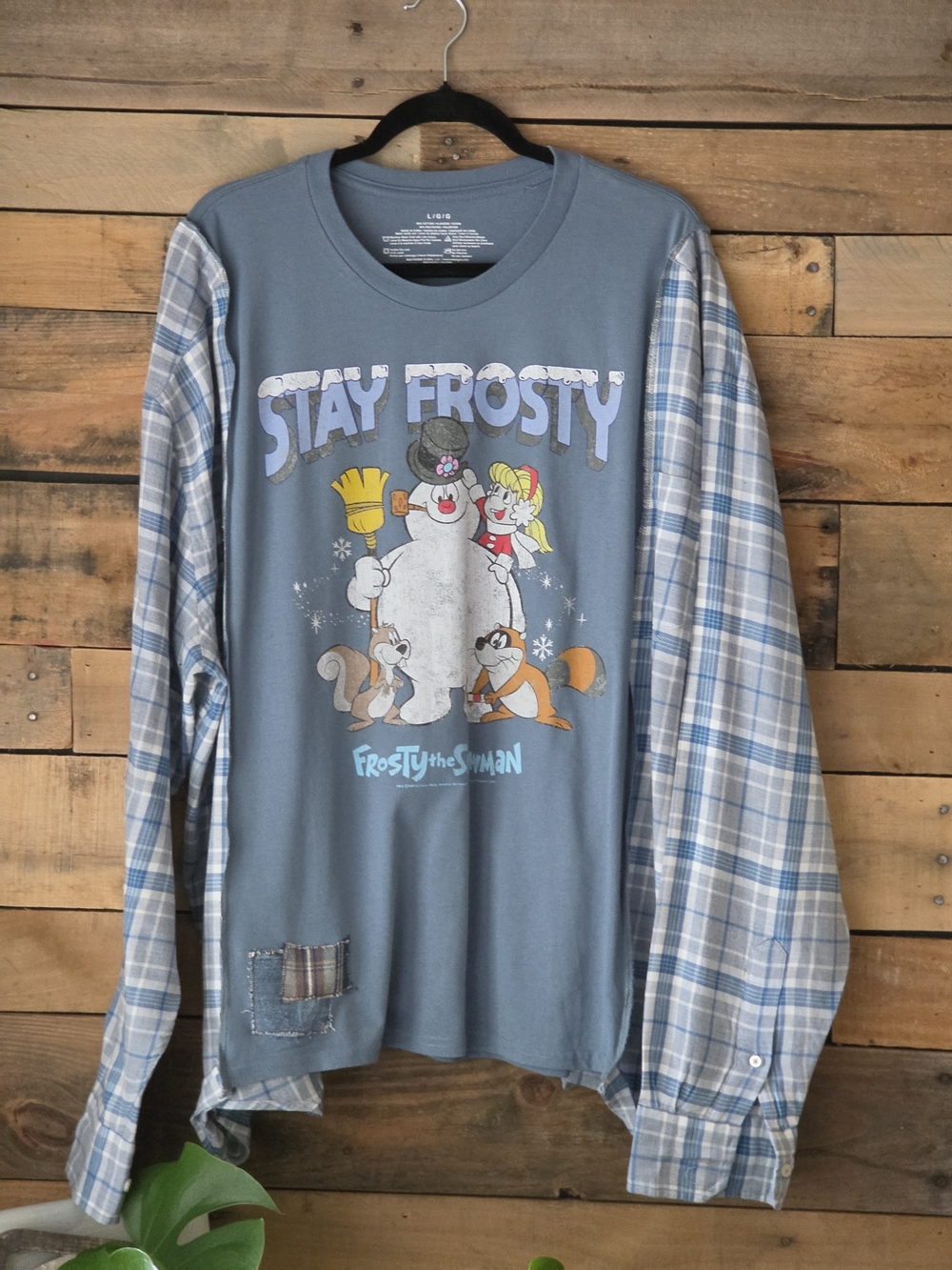 Upcycled Stay Frosty Graphic T-shirt with Plaid Sleeves - Picture 3 of 10